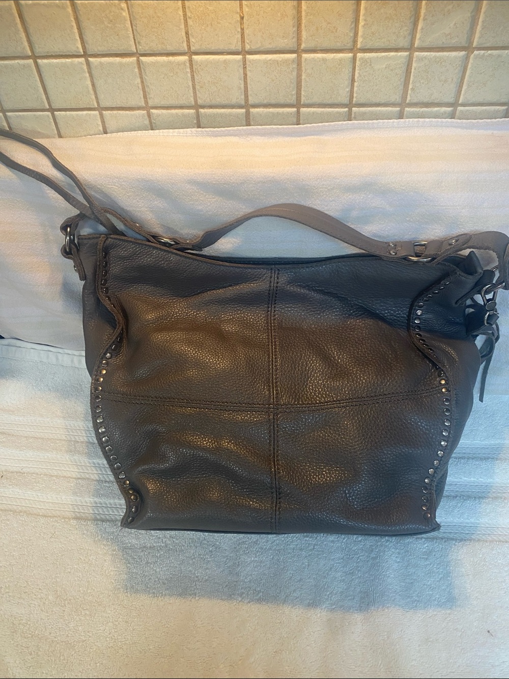 The Sak Gray Pebbled Leather Hobo with Stud Accents